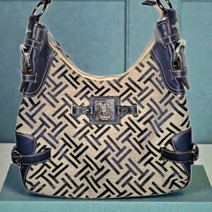 Tignanello TT Signature Double Handle Shoulder Bag w/ Leather Trim Navy/Tan EUC